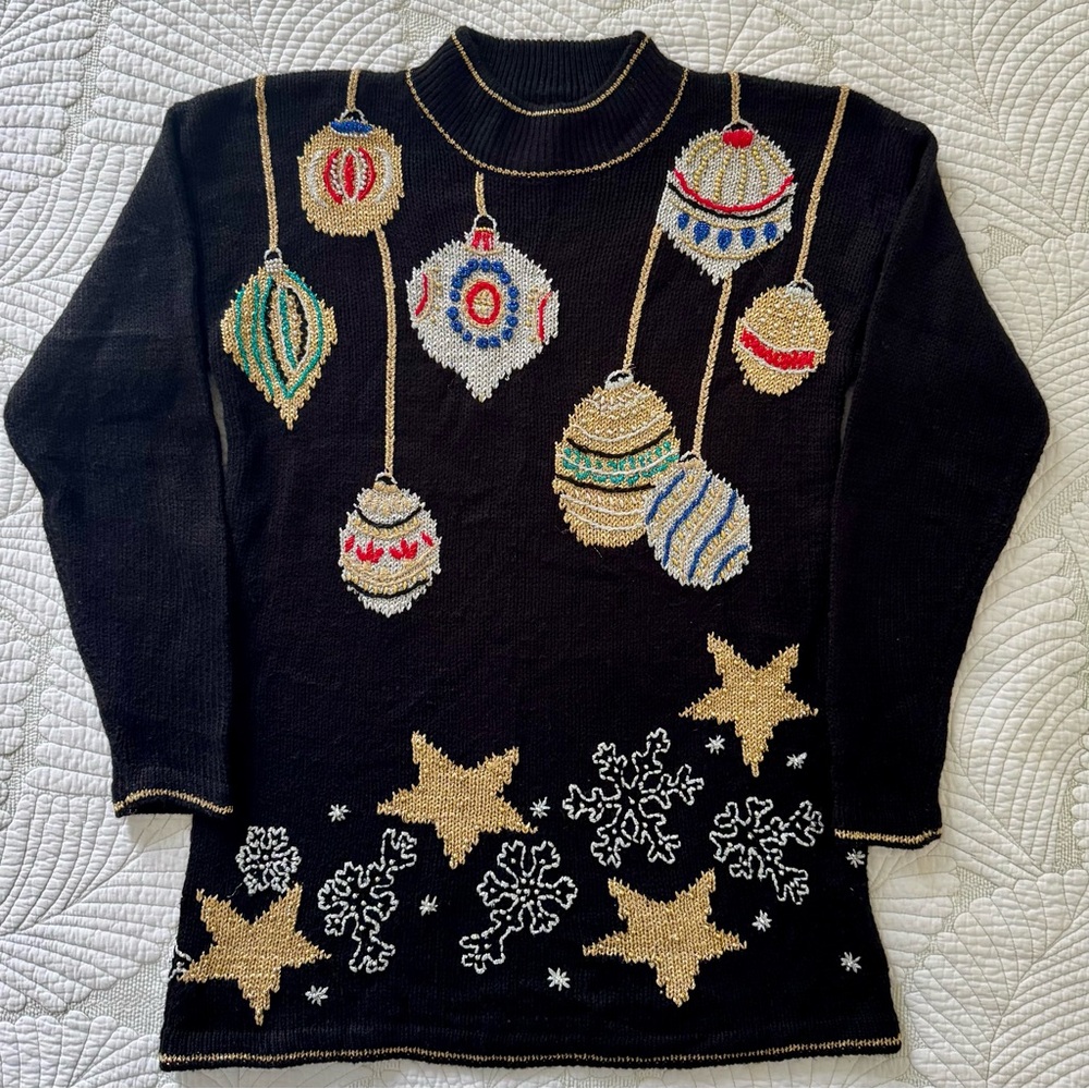 True Vintage Women's Holiday Long Sweater with Festive Ornaments- Size S